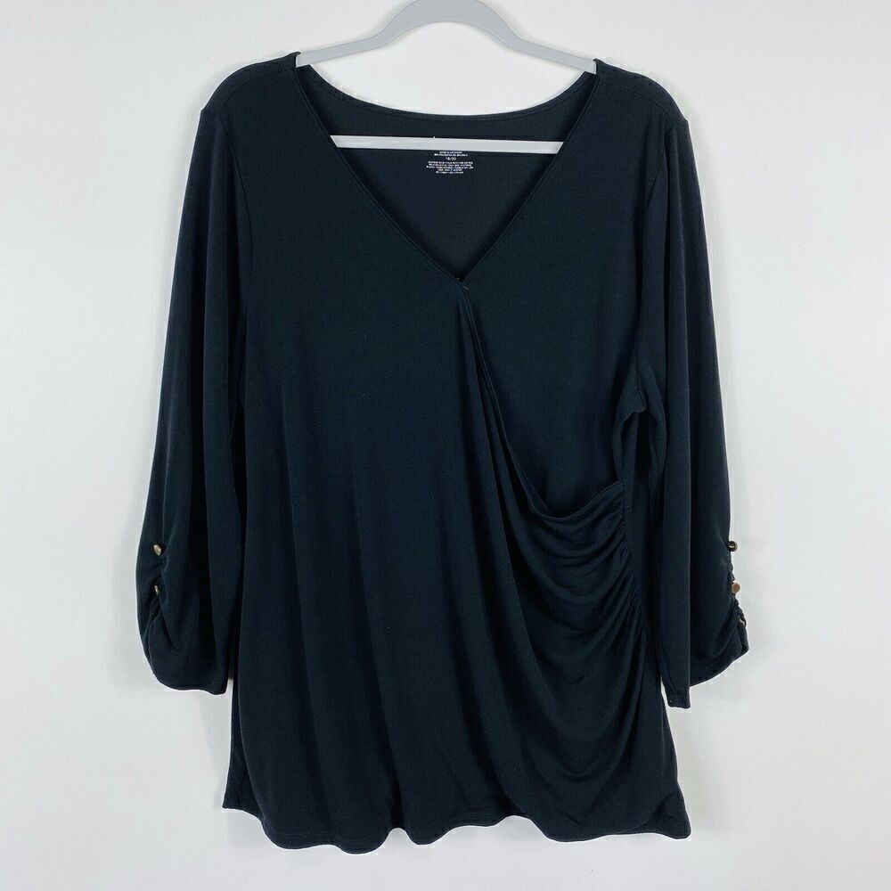 Lane Bryant Plus Size 18 20 Crossover Ruched Side Stretchy Top Black 3/4 Sleeve